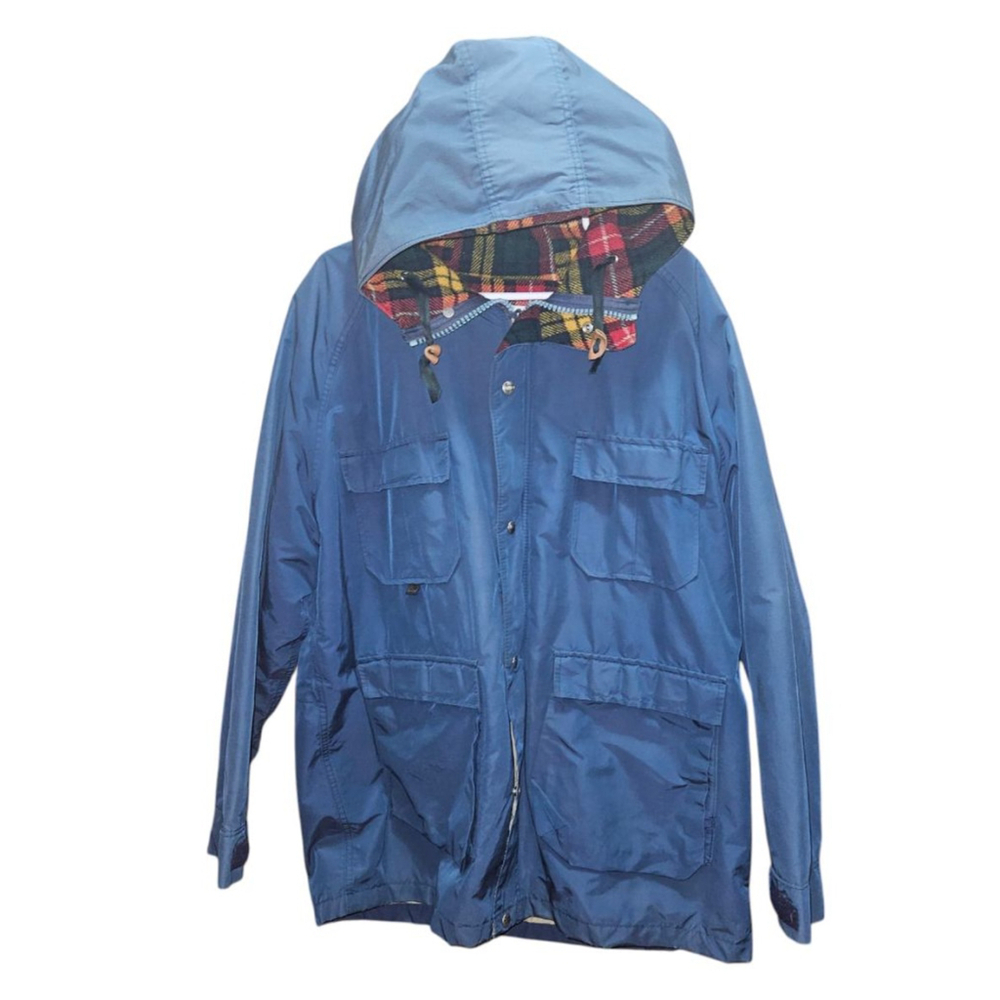 Vintage Woolrich Blue Parka Hooded Coat Red Wool Plaid Lining 1960’s Size L